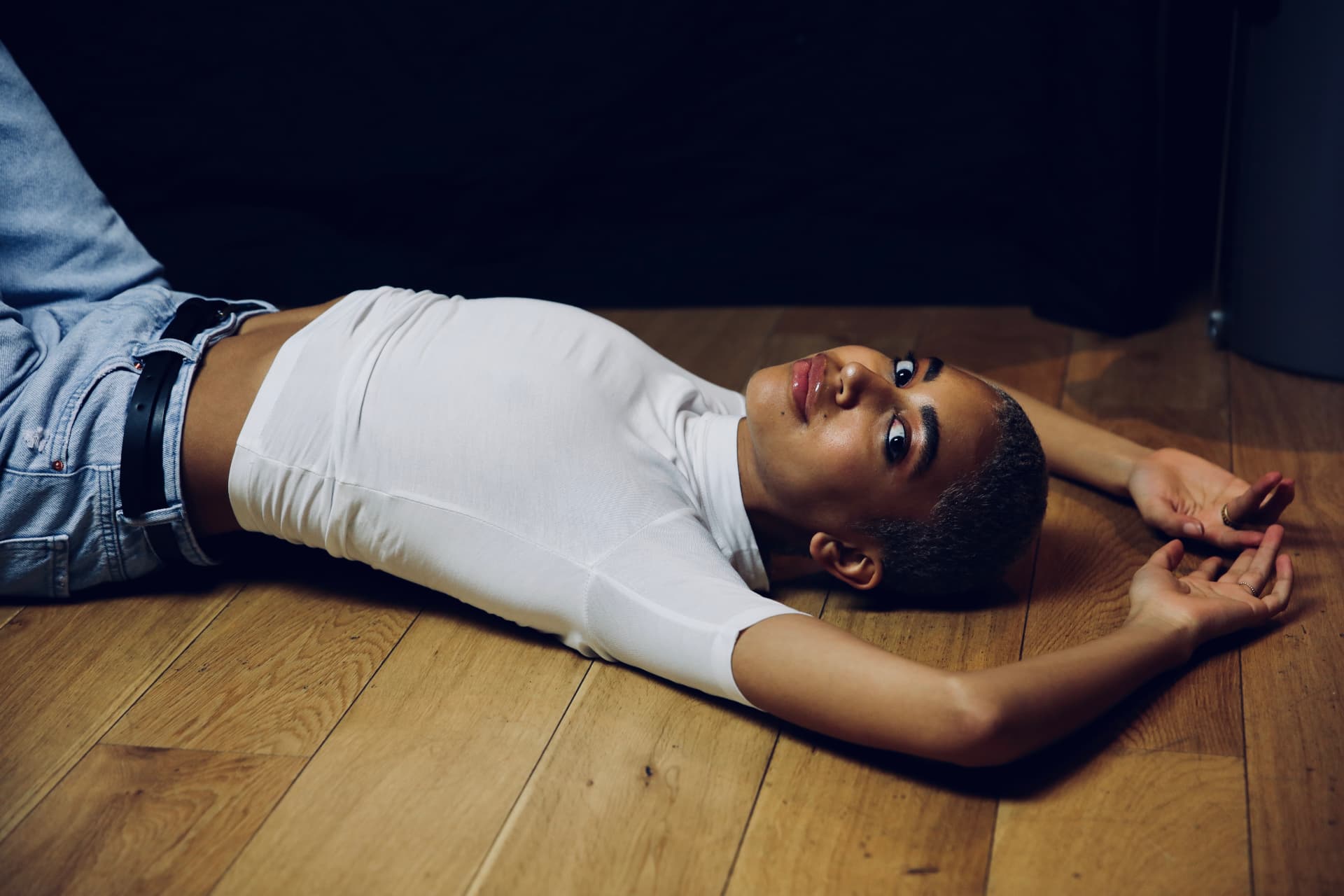 Portrait on wooden floor